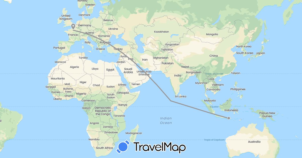 TravelMap itinerary: plane in France, Indonesia, Maldives (Asia, Europe)